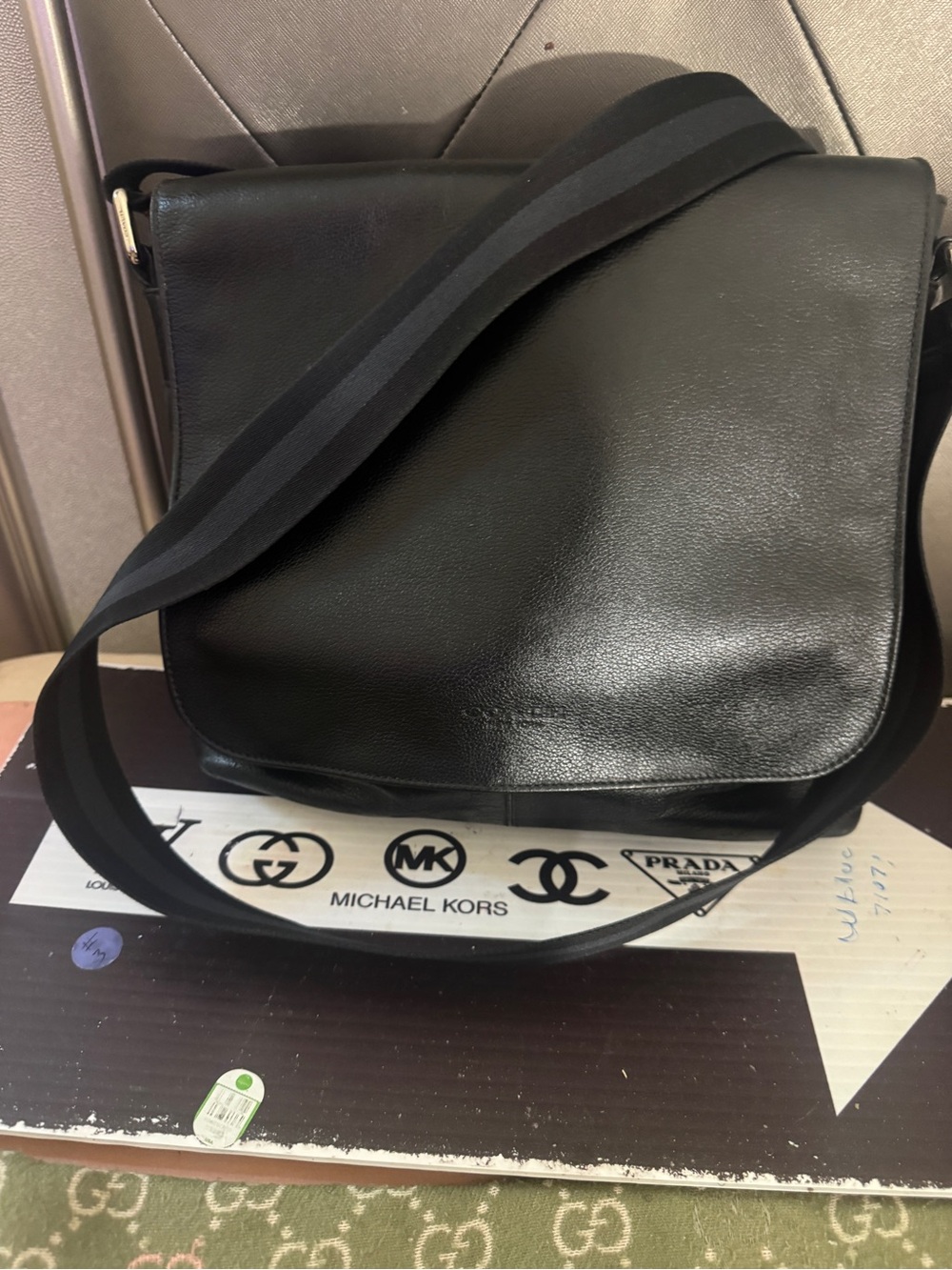 Coach Black Leather Messenger Bag with Striped Shoulder Strap